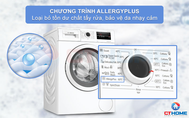 Chương trình AllergyPlus giặt diệt khuẩn và nấm mốc, bảo vệ da nhạy cảm