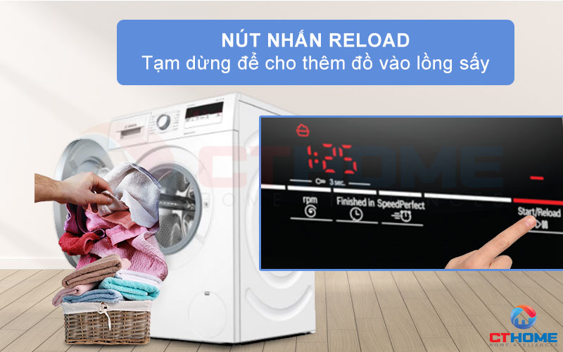 Nhấn Reload để tạm dừng máy giặt, cho phép bạn thêm đồ vào lồng máy