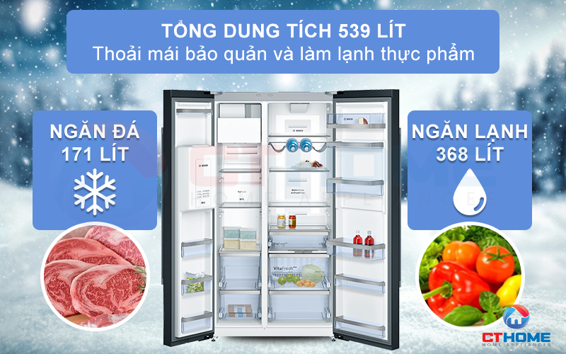 Dung tích tủ lạnh lớn, thoải mái sức chứa thực phẩm cho cả gia đình