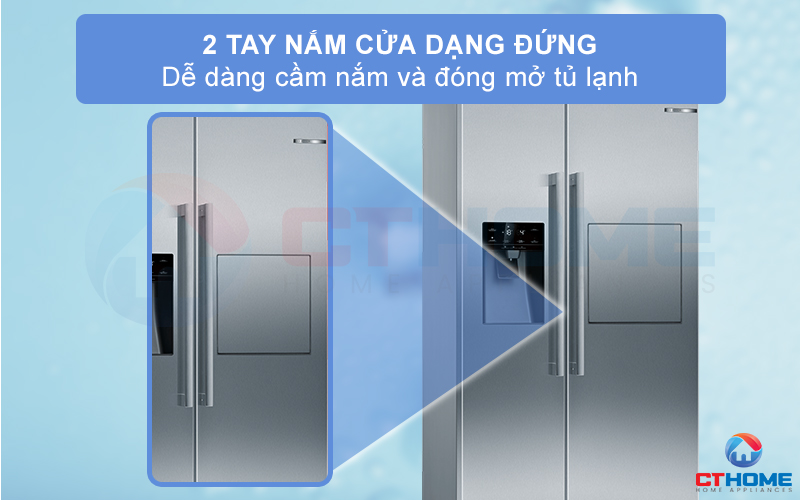 Tủ lạnh được trang bị 2 tay nắm cửa dọc bằng nhôm