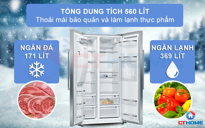 Tủ lạnh Bosch KAG93AIEPG có dung tích chứa đến 560 lít