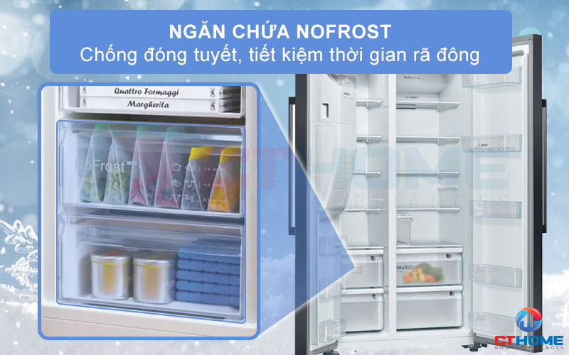 Công nghệ NoFrost của tủ lạnh Bosch KAI93VBFP Serie 6 sẽ hút độ ẩm không khí vào một thiết bị đặc biệt