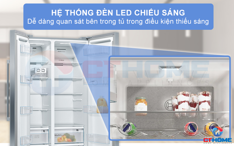 Bên trong khoang tủ lạnh KAN93VIFPG được trang bị thêm đèn LED chiếu sáng đồng đều