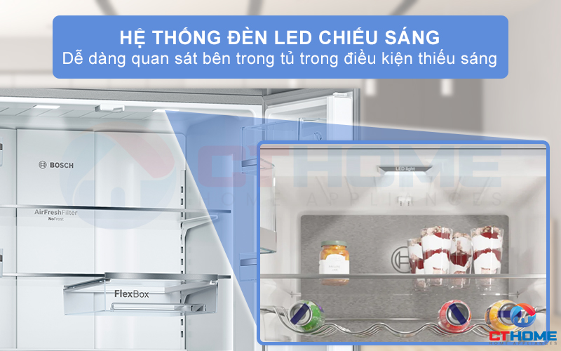 Khoang tủ lạnh KFN86AA76J được trang bị thêm đèn LED chiếu sáng đồng đều