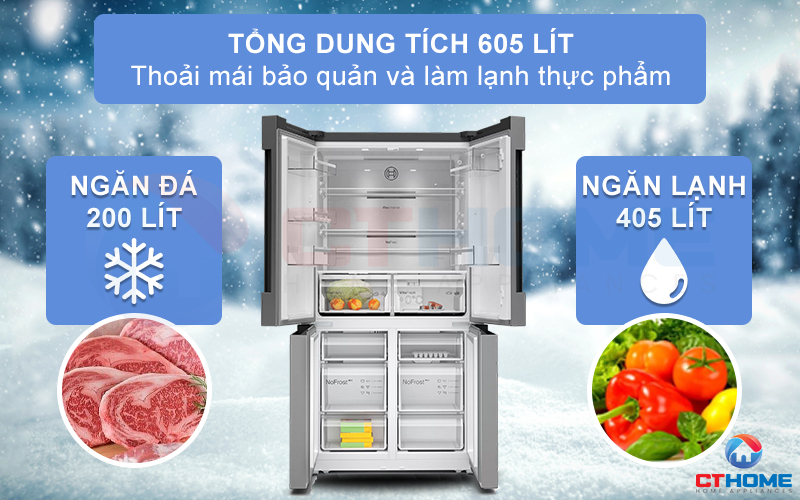 Tổng dung tích lên đến 605 lít cho bạn thoải mái bảo quản và làm lạnh thực phẩm