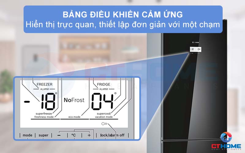 Tủ lạnh Bosch KGN56LB40O serie 6 được trang bị bảng điều khiển cảm ứng tùy chỉnh nhiệt độ với thiết kế tối giản