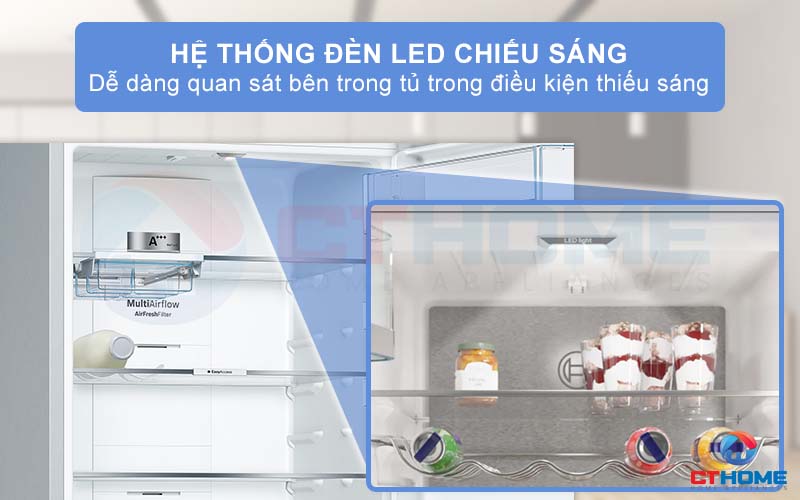 Bên trong khoang tủ lạnh KGN56LB40O được trang bị thêm đèn LED chiếu sáng đồng đều