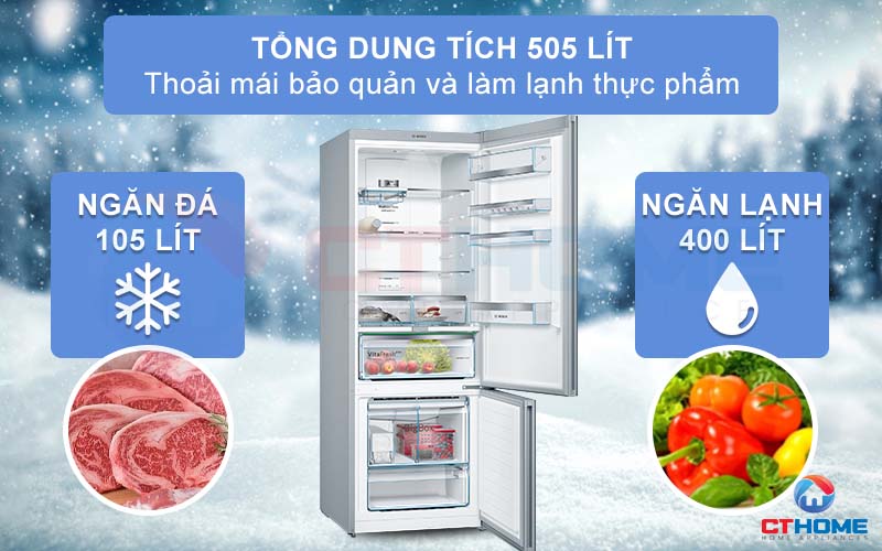 Tủ lạnh Bosch KGN56LB40O có dung tích chứa đến 505 lít