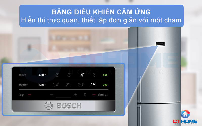 Bảng điều khiển của  tủ lạnh Bosch KGN56XI40J cảm ứng một chạm để thuận tiện tùy chỉnh nhiệt độ của tủ lạnh và tủ đông riêng biệt
