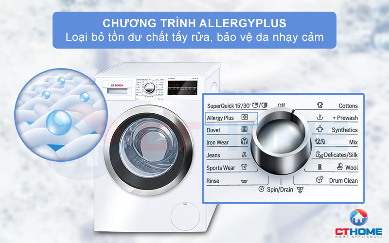 Chương trình AllergyPlus giặt diệt khuẩn và nấm mốc, bảo vệ làn da nhạy cảm