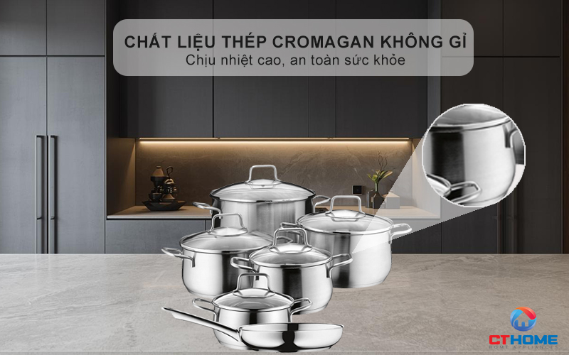 Chất liệu thép Cromagan không gỉ -  Sáng nhất, bóng nhất, bền nhất, dẫn từ, giữ nhiệt tốt nhất