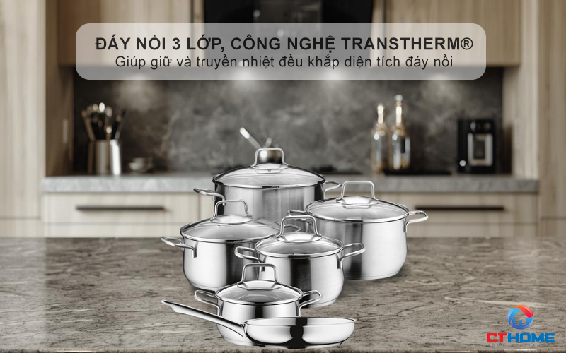 Đáy nồi 3 lớp, công nghệ TransTherm® - Giúp giữ và truyền nhiệt đều khắp diện tích đáy nồi, giảm hao năng lượng