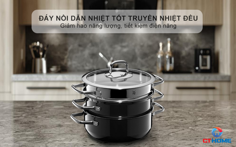 Đáy nồi dẫn nhiệt tốt truyền nhiệt đều khắp diện tích đáy nồi, giảm hao năng lượng
