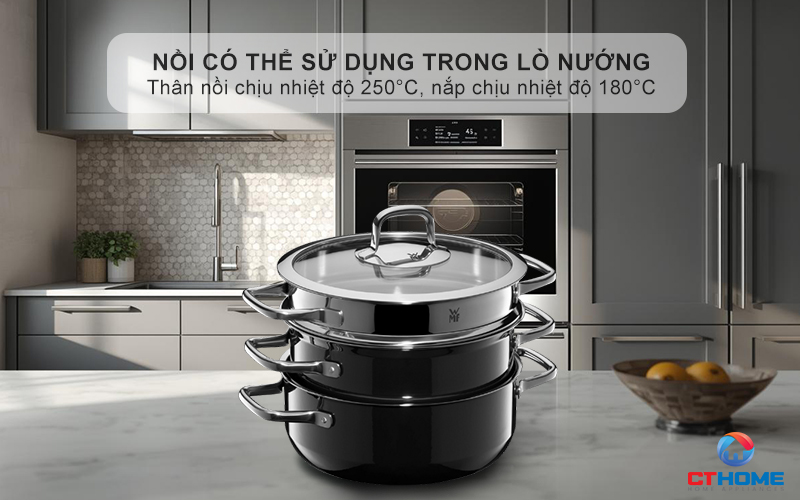 Nồi có thể sử dụng trong lò nướng - Thân nồi nhiệt độ lên đến 250°C, nắp chịu được nhiệt độ lên đến 180°C