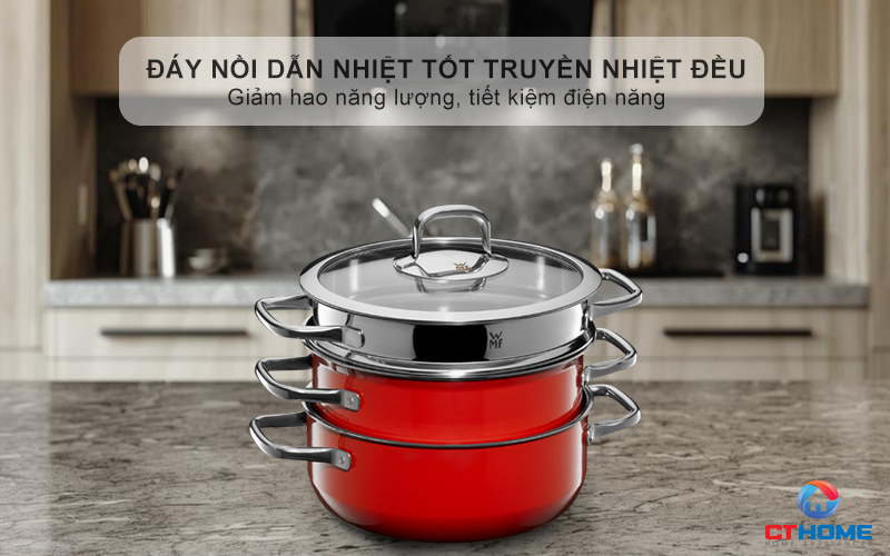 Đáy nồi dẫn nhiệt tốt truyền nhiệt đều khắp diện tích đáy nồi, giảm hao năng lượng