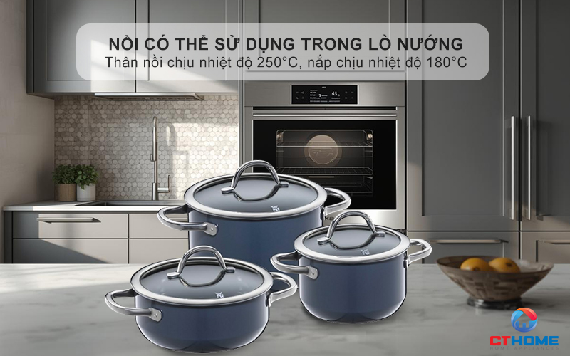Nồi có thể sử dụng trong lò nướng - Thân nồi nhiệt độ lên đến 250°C, nắp chịu được nhiệt độ lên đến 180°C