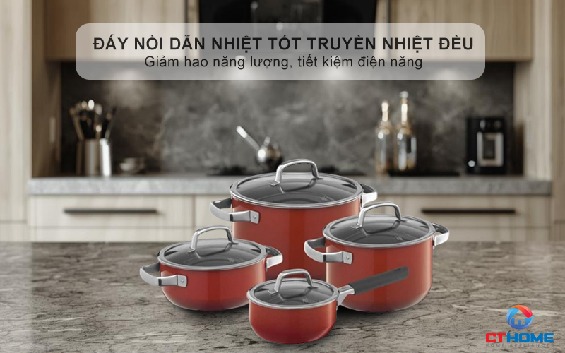 Đáy nồi dẫn nhiệt tốt truyền nhiệt đều khắp diện tích đáy nồi, giảm hao năng lượng