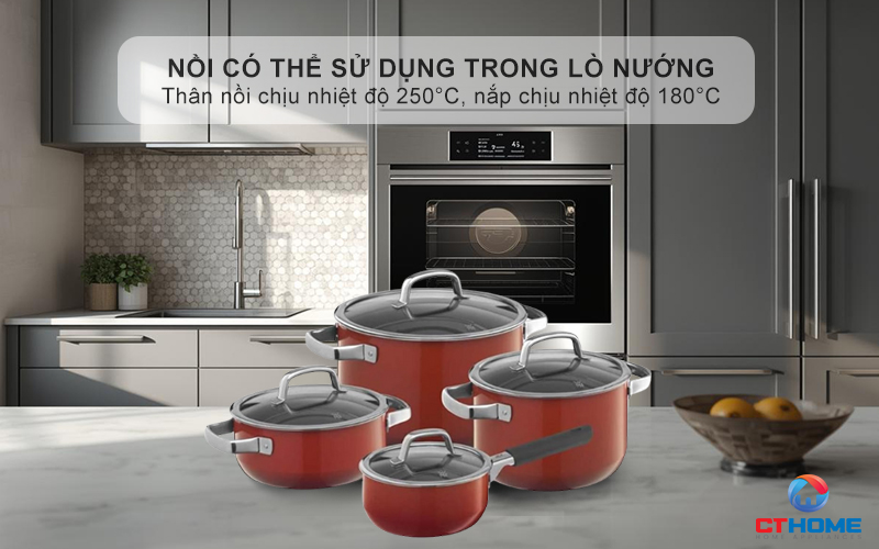 Nồi có thể sử dụng trong lò nướng - Thân nồi nhiệt độ lên đến 250°C, nắp chịu được nhiệt độ lên đến 180°C