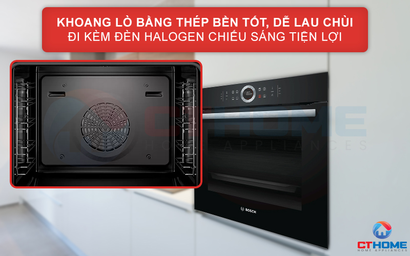 Khoang lò bằng thép bền tốt, dễ lau chùi kèm đèn Halogen tiện lợi