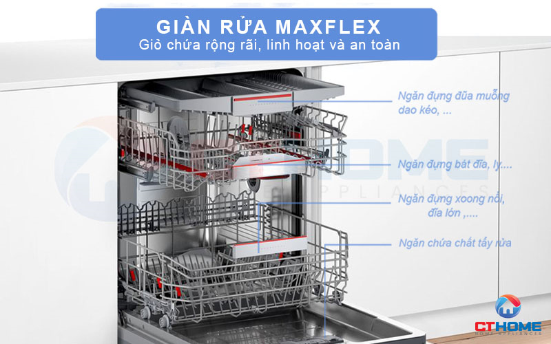 Giàn rửa MaxFlex có thiết kế thông minh giúp tăng dung tích chứa đồ 