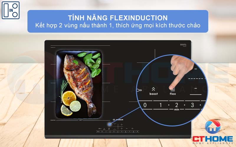 Tính năng FlexInduction kết hợp 2 vùng nấu thành 1, thích ứng với chảo lớn.