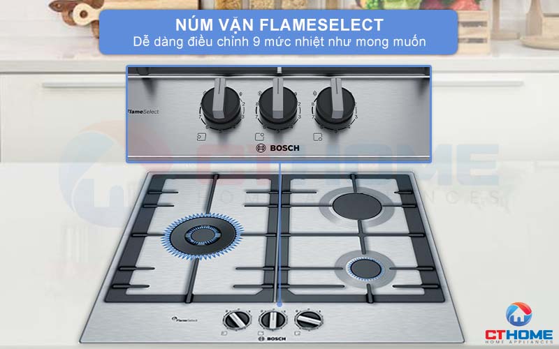 3 núm vặn FlameSelect dễ dàng điều chỉnh 9 mức độ nhiệt như mong muốn.