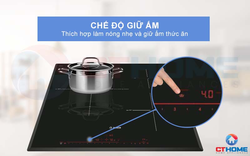 Chế độ giữ ấm tiện lợi mỗi khi bạn hâm nóng đồ ăn trên bếp từ Bosch PID651DC5E.