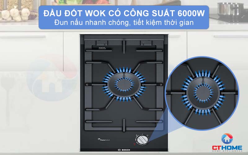 Đầu đốt Wok có công suất 6.000W giúp nấu ăn nhanh chóng.