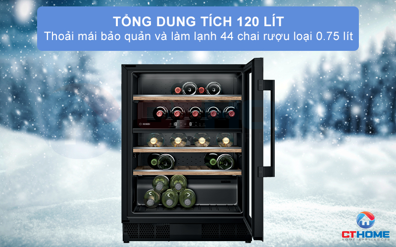 Dung tích 120 lít bảo quản đến 44 chai rượu vang loại 0.75 lít