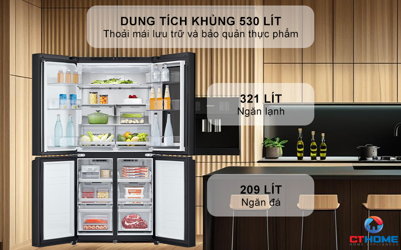 Dung tích khủng lên đến 530 lít lưu trữ thực phẩm lý tưởng cho gia đình đông thành viên
