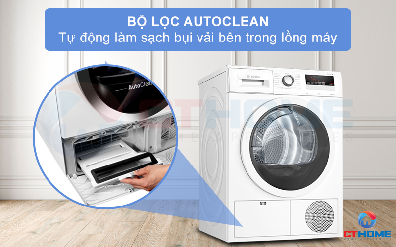 Bộ lọc AutoClean tự động làm sạch bụi vải bên trong lồng máy cho mỗi lần sấy