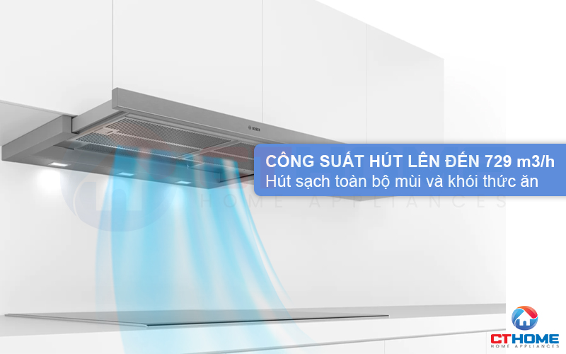 Công suất hút 729 m3/h hút sạch khói và mùi thức ăn, trả lại không khí tươi mát