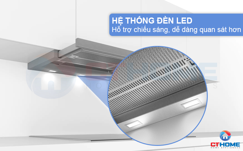Hệ thống đèn LED hỗ trợ chiếu sáng, quan sát căn bếp khi sử dụng