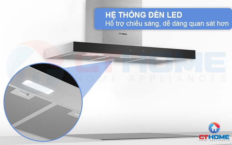 Hệ thống đèn LED trong máy hút mùi Bosch DWBM98G50B giúp hỗ trợ chiếu sáng