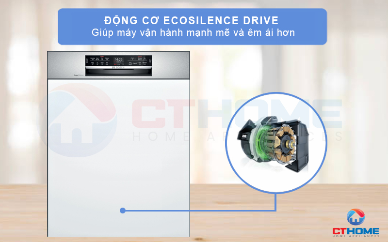 Độ ồn của máy rửa bát Bosch SMI68NS06G đạt mức tiêu chuẩn nhờ động cơ EcoSilence Drive