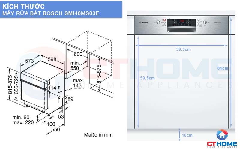 Kích thước của máy rửa bát Bosch SMI46MS03E serie 4 và tấm ốp gỗ.