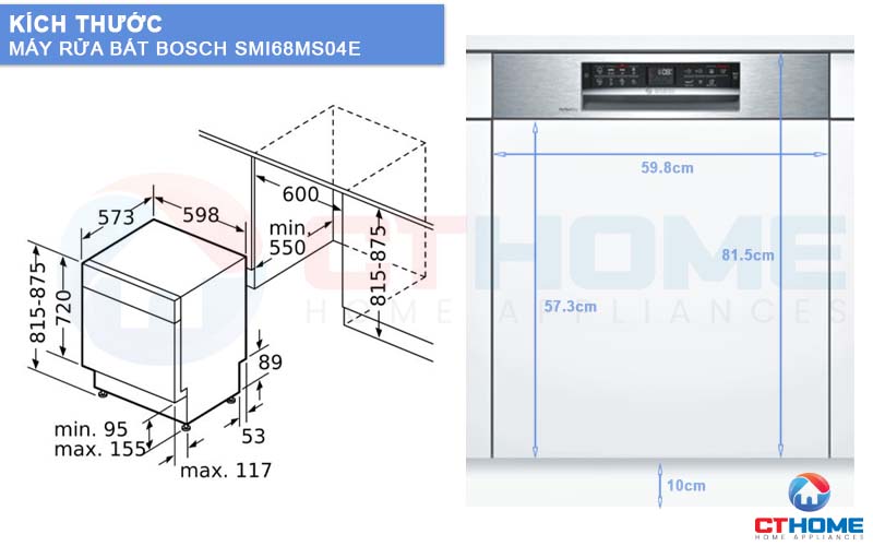 Kích thước máy rửa bát Bosch SMI68MS04E và tấm ốp gỗ.
