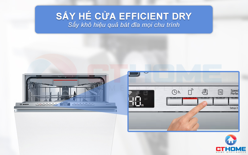 Efficient Dry là tính năng đặc biệt của máy rửa bát Bosch SMV4ECX14E, giúp tăng hiệu quả sấy nhờ mở cửa
