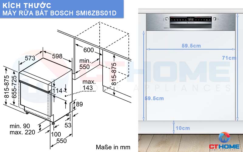 Kích thước máy rửa bát bán âm Bosch SMI6ZBS01D Serie 6