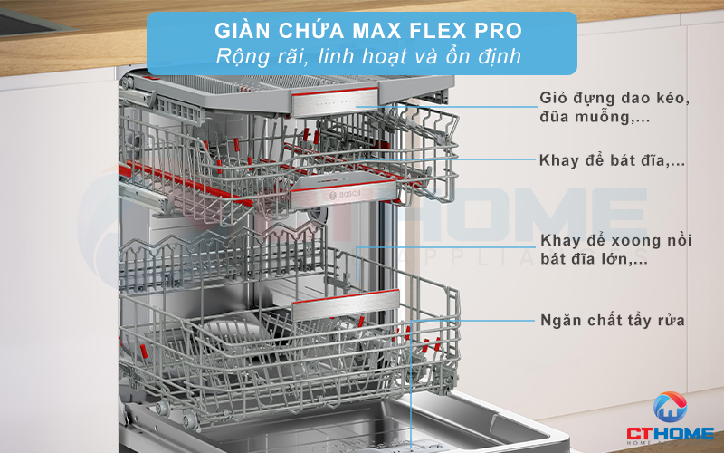 Hệ thống giỏ chứa Max Flex Pro rộng rãi kết hợp giàn rửa thứ 3 VarioDrawer cùng hệ thống nâng hạ Rackmatic