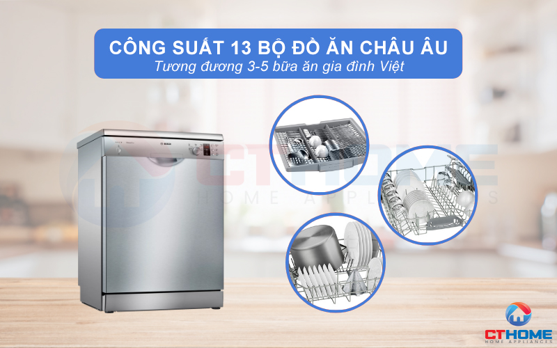 Công suất rửa có thể đạt tối đa 13 bộ đồ ăn Châu Âu