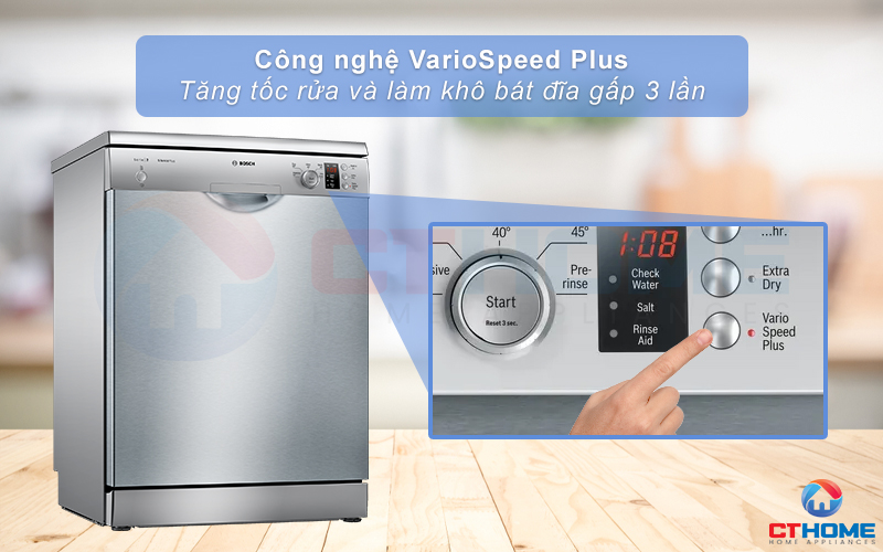 Tính năng VarioSpeed Plus rửa nhanh, tiết kiệm đến 66% thời gian rửa