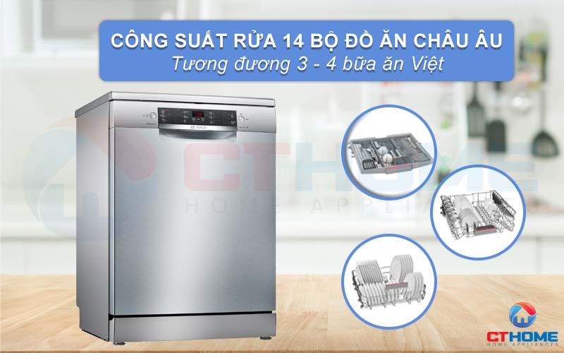 Máy rửa bát Bosch độc lập SMS46MI01G có thể rửa bát đĩa của 3 - 4 bữa ăn của gia đình người Việt