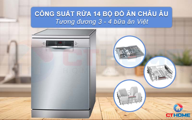 Dung tích chứa lớn, công suất rửa của máy rửa bát Bosch SMS46NI05E đạt tối đa 13 bộ đồ ăn Châu Âu