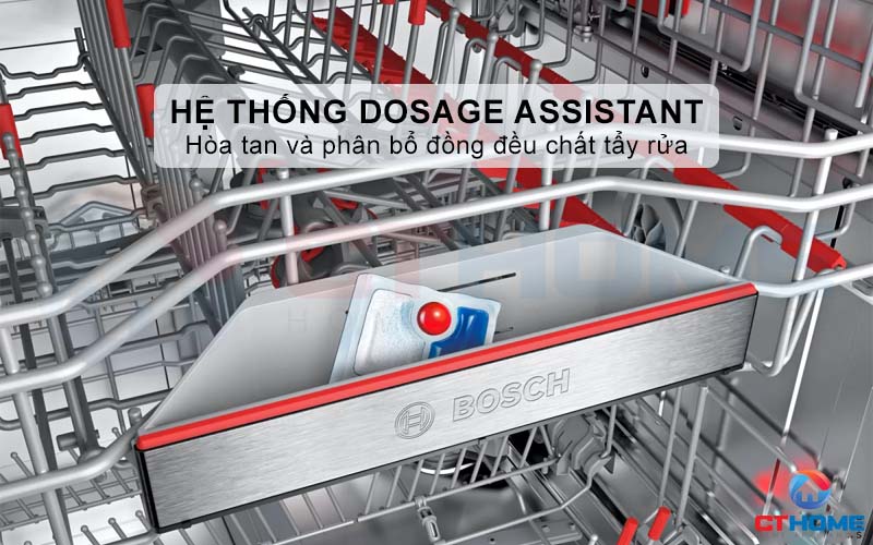 Hệ thống Dosage Assistant sẽ hòa tan viên rửa bát theo kiểm soát và phân bổ đồng đều khắp khoang rửa