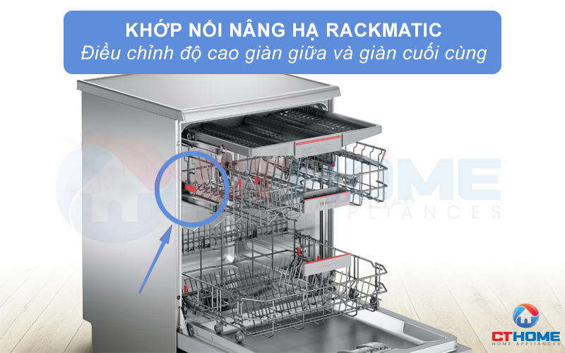 Khớp nâng hạ Rackmatic điều chỉnh độ cao giữa các giàn rửa giúp chứa được các đồ dùng có kích thước khác nhau