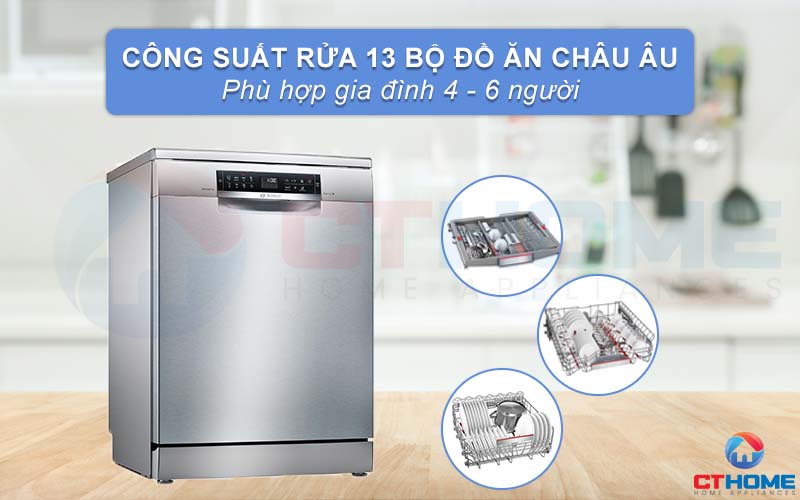 Máy rửa chén Bosch SMS68II07E Serie 6 có thể rửa tối đa 13 bộ đồ ăn châu Âu