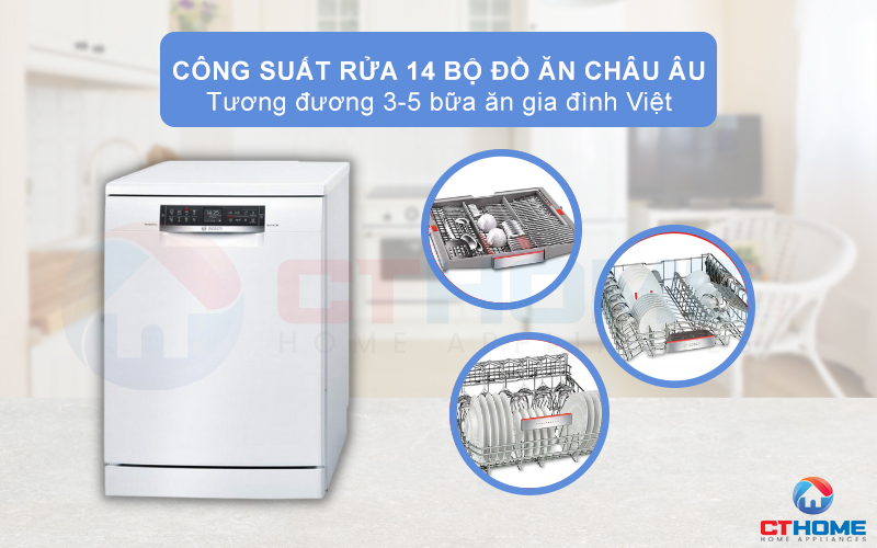 Công suất rửa có thể đạt tối đa 14 bộ đồ ăn Châu Âu.