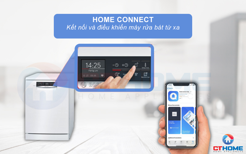 Công nghệ Home Connect cho phép người dùng kết nối và điều khiển máy rửa bát từ xa.