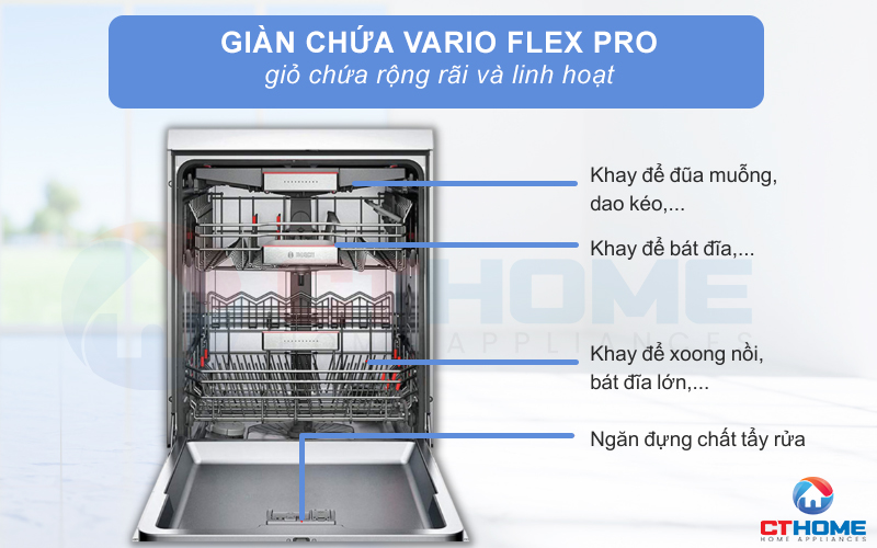 Giàn rửa VarioFlex Pro to, rộng giúp tối ưu được không gian xếp bát